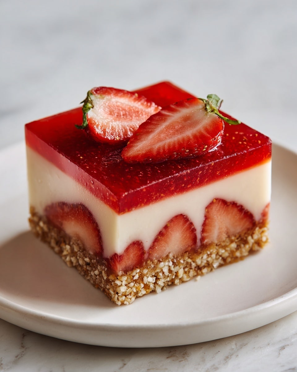 A dessert square with three clear layers is shown closely. The bottom layer is a crunchy golden brown nut and oat crust. The middle layer is a thick, smooth white creamy filling. The top layer is bright red strawberry gelatin with shiny, fresh strawberry halves embedded inside it. The dessert sits on a white plate, all on a white marbled surface. Photo taken with an iphone --ar 4:5 --v 7