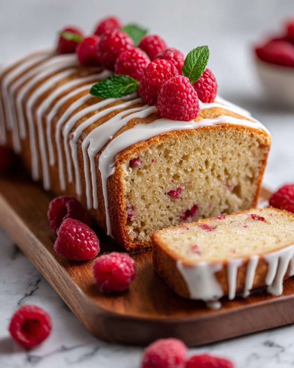 The image shows a moist raspberry cake with three visible layers: a thick golden brown base layer with bits of red raspberry inside, a creamy white drizzle of icing unevenly spread over the top and sides, and a topping of bright red fresh raspberries mixed with fresh green mint leaves placed in the center. The cake rests on a wooden board with some crumbs around it, and the background is a white marbled surface with a few scattered green mint leaves, creating a fresh and appetizing look. Photo taken with an iphone --ar 4:5 --v 7