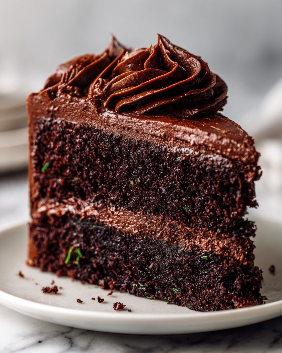 A close-up view of a two-layer chocolate cake slice on a white plate resting on a white marbled surface. The bottom cake layer is dark brown with a slightly moist texture, showing bits of green, likely zucchini, embedded throughout. Between the two layers is a thick spread of rich, smooth, dark chocolate frosting. The top layer of the cake is similar in texture and color to the bottom one. The cake is topped with a swirl of thick, dark chocolate frosting, textured with piped ridges. Photo taken with an iphone --ar 4:5 --v 7