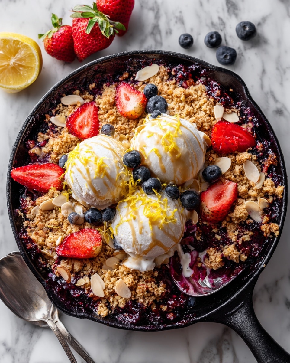 A black skillet filled with a mixed berry crumble showing a deep purple berry layer at the bottom with visible strawberries and blueberries, topped with a thick layer of golden, crunchy oat and nut crumble sprinkled with sliced almonds and pecans. On top, there are three scoops of white ice cream drizzled with caramel sauce, surrounded by halved fresh strawberries and whole blueberries, with some thin lemon zest strands adding color. A silver spoon with some berry and crumble sits on the right side of the skillet. The skillet is on a wooden board with a white marbled surface underneath, and a woman's hand is reaching toward it from the bottom left. Photo taken with an iphone --ar 4:5 --v 7