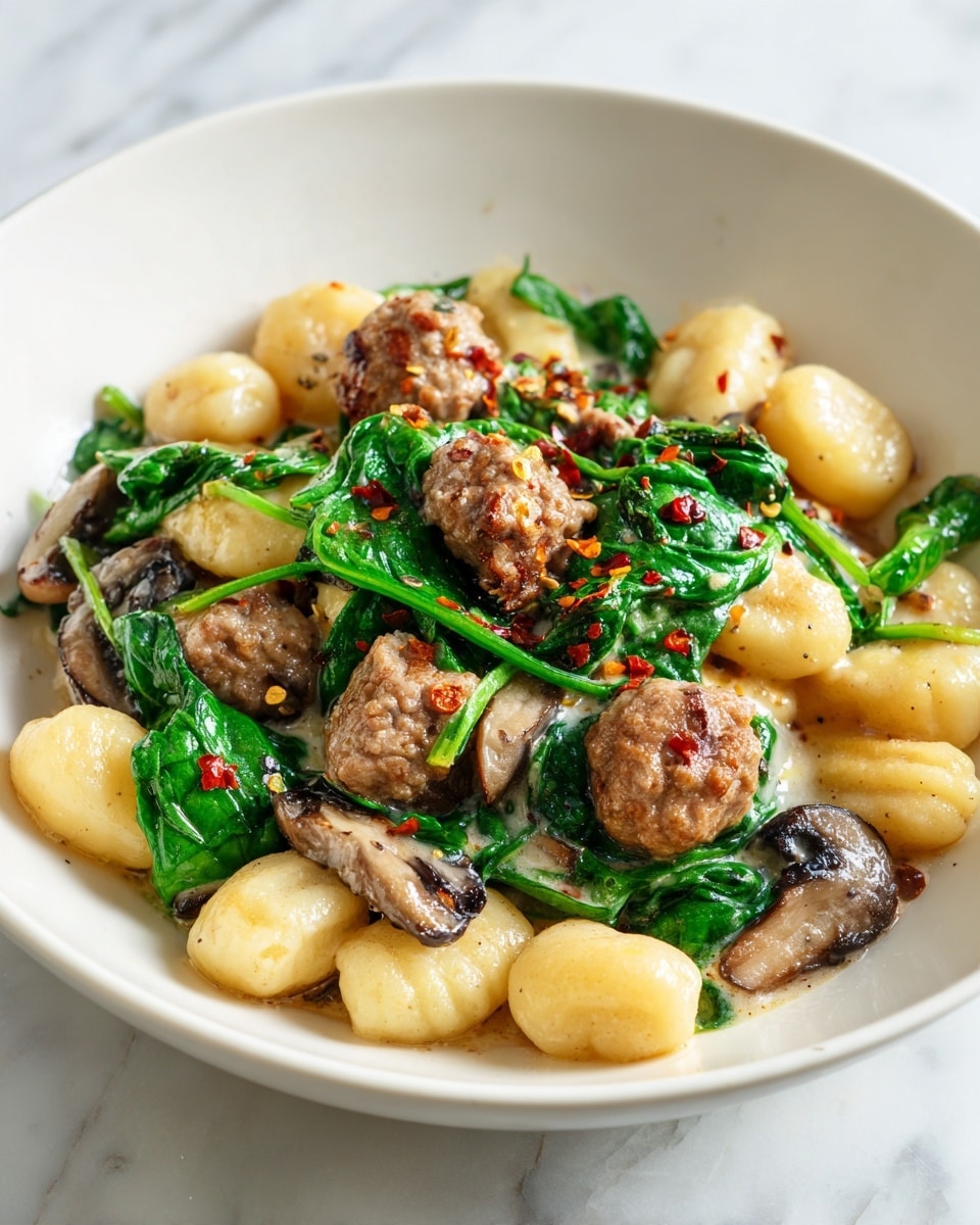 A white bowl filled with several layers of food shows a mix of golden yellow gnocchi pieces, dark browned sausage slices, sautéed green spinach leaves, and glossy dark mushroom chunks. The dish is coated in a creamy light sauce that covers each ingredient, with small, scattered red chili flakes adding bright color on top. The bowl is placed on a rustic wooden surface, but the background should be seen as white marbled texture. photo taken with an iphone --ar 4:5 --v 7