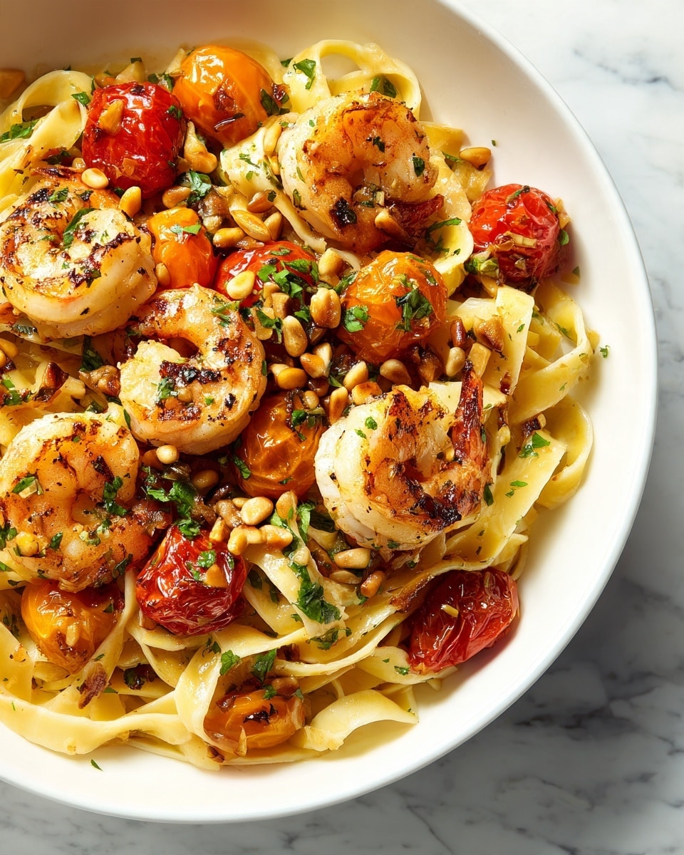This close-up shows a silver pan filled with a mix of foods on a white marbled surface. The base layer is light yellow fettuccine noodles, twisted and spread evenly. On top, there are several cooked shrimp with a pink and orange color, speckled with black pepper. Bright red and orange cherry tomatoes are placed among the noodles and shrimp, some whole and some slightly softened. White poached eggs with runny yolks sit scattered in the pan, sprinkled with black pepper and red chili flakes. Pine nuts are scattered over everything, adding small pale beige spots, while green chopped parsley is spread evenly across the dish for a fresh touch. photo taken with an iphone --ar 4:5 --v 7