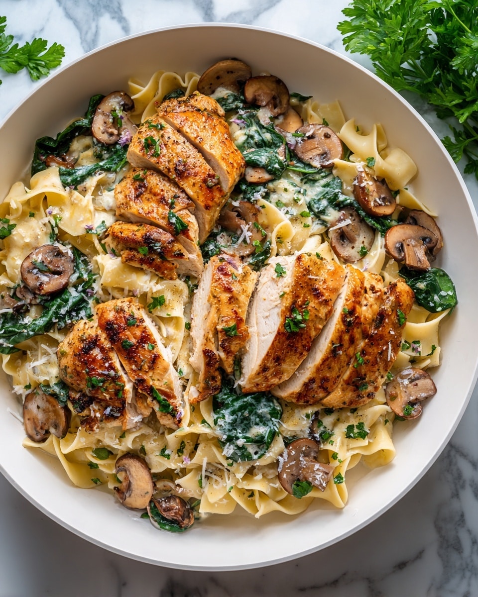 The dish shows a white cast iron skillet filled with four golden-brown chicken strips placed on top of a bed of light beige fettuccine pasta, which is mixed with sautéed sliced mushrooms and wilted dark green spinach leaves. The pasta is creamy and tangled, covering the bottom layer, while the chicken pieces sit evenly spaced on the top. Small green parsley pieces are sprinkled over the chicken and pasta, adding a fresh contrast. The skillet is set on a white marbled surface, creating a clean, bright background. photo taken with an iphone --ar 4:5 --v 7