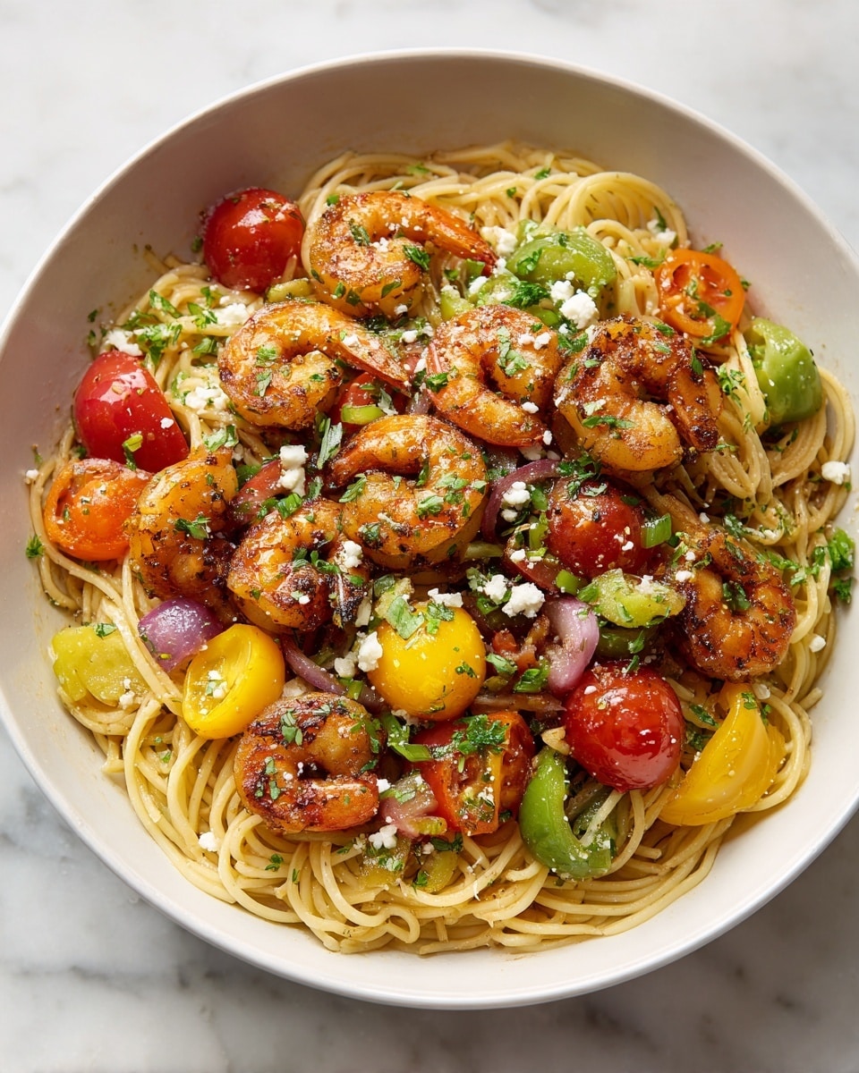 A white round plate holds a pasta dish with four golden-brown grilled shrimp placed evenly on top. The pasta is light yellow spaghetti mixed with bright red and orange cherry tomato halves, green bell pepper pieces, sliced black and green olives, and small white crumbles of cheese scattered throughout. The shrimp have a slightly charred texture with green herb bits sprinkled on them. The background is a white marbled surface with part of a white decorative plate and fresh cherry tomatoes visible in the corner. photo taken with an iphone --ar 4:5 --v 7