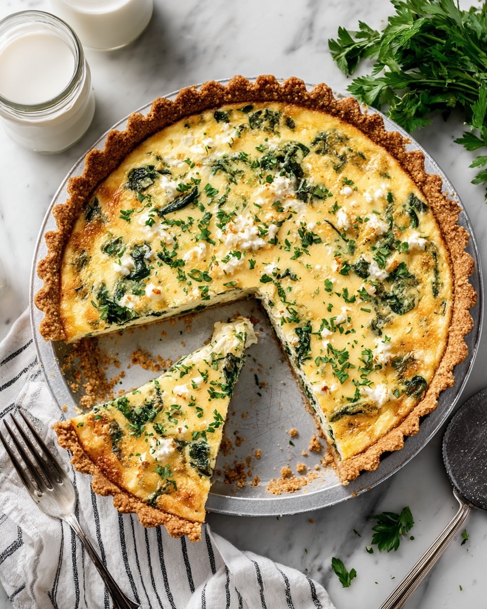 A round quiche with a golden brown, flaky crust forms the base, topped with a thick, creamy yellow filling that has visible specks of green spinach leaves and herbs mixed evenly throughout. One slice is slightly pulled out from the rest, showing the layers and soft texture of the filling inside. The quiche sits on a silver pie pan, placed on a white marbled surface with a striped cloth nearby. Fresh parsley leaves rest near the quiche's top right side, and a clear glass with milk is visible on the upper right corner. Photo taken with an iphone --ar 4:5 --v 7