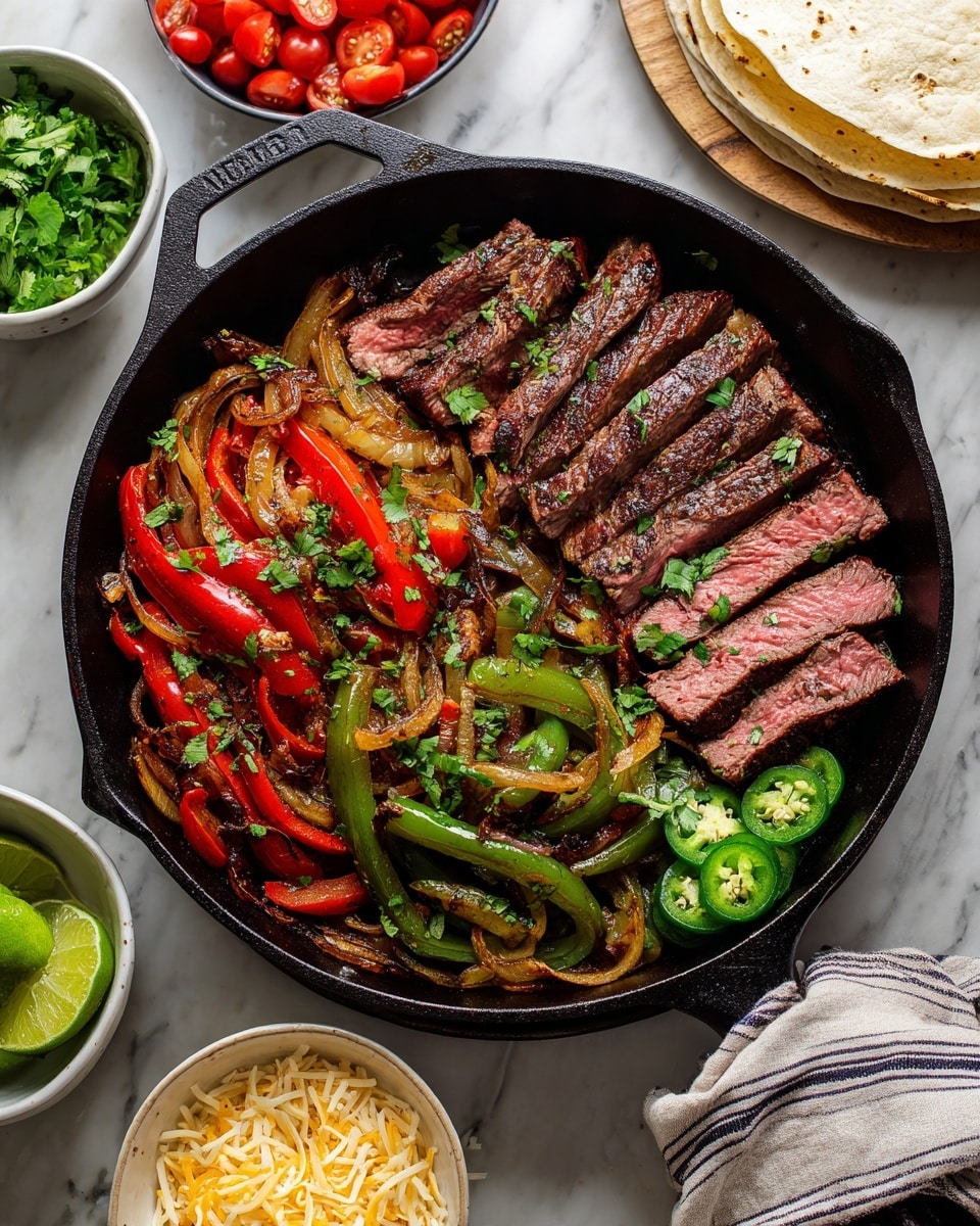 A cast iron skillet on a white marbled surface holds a dish with two main layers: the bottom layer consists of cooked red and green bell pepper strips mixed with charred, soft onions, showing a range of colors from bright red and green to golden brown. On top, there are sliced pieces of medium-rare steak with a pink center and browned edges, arranged neatly in a fan shape. Both layers are sprinkled with fresh chopped cilantro and garnished with slices of green jalapeño peppers. Around the skillet, there are halved bright green limes, a small white bowl of shredded cheese, sliced jalapeño, cherry tomatoes in a white bowl, and stacked white tortillas. A white-striped cloth napkin is placed under the skillet handle. photo taken with an iphone --ar 4:5 --v 7