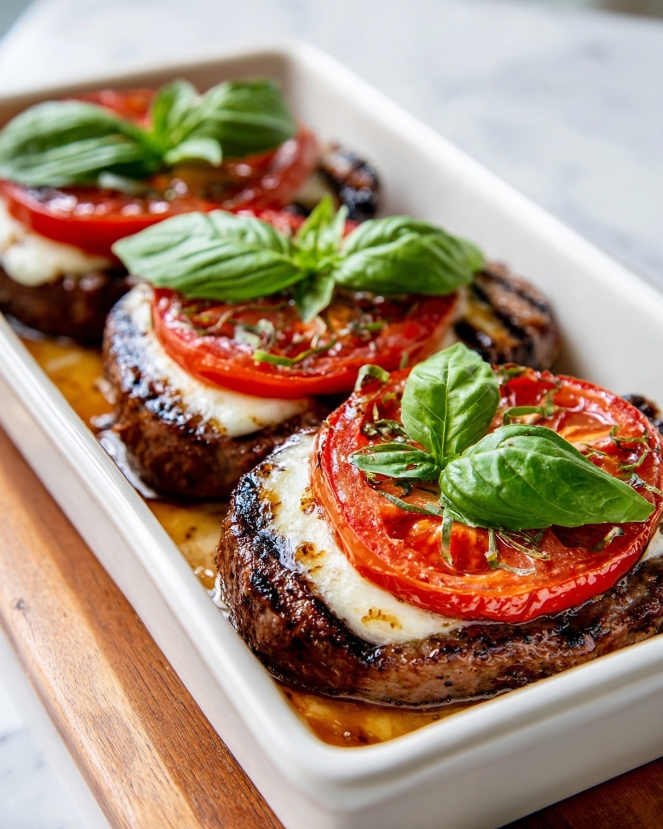 A white baking dish holds three pieces of grilled dark brown meat with visible grill marks, each topped with a thick, circular layer of melted light cream cheese, a bright red tomato slice, and a fresh green basil leaf on top. The meat sits in a pool of dark brown sauce. The dish is placed on a light wooden board, all on a white marbled surface. Photo taken with an iphone --ar 4:5 --v 7