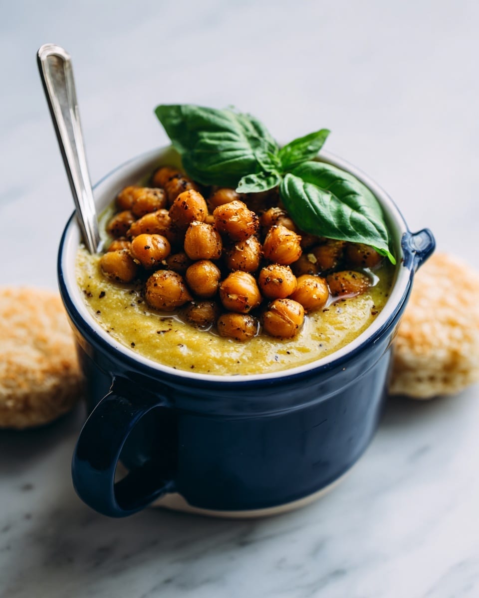 The image shows a close-up of a dark blue mug filled with soup, placed on a white marbled surface. The soup has two visible layers: a smooth, thick, light brown base layer, topped with a generous pile of roasted chickpeas that are golden brown with a few red chili flakes scattered on them. In the center of the chickpeas sits a fresh, bright green basil leaf. A spoon is partially visible inside the mug. Next to the mug, on the white marbled surface, there is a round, light-colored rice cake. Photo taken with an iphone --ar 4:5 --v 7