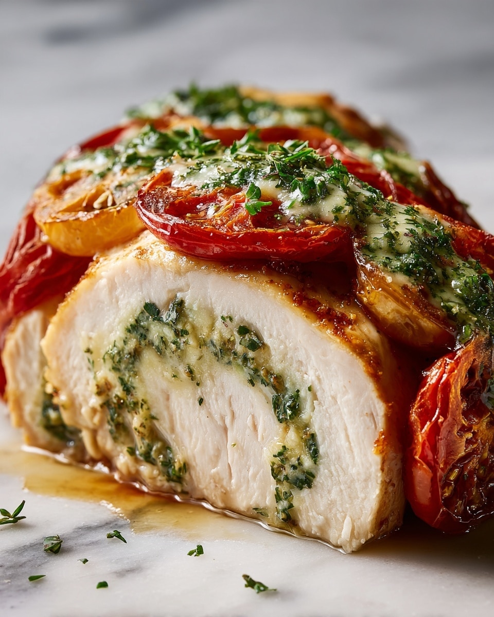 The image shows two thick pieces of white chicken on a white marbled surface, each topped with a green pesto-like sauce and one round, roasted tomato slice with a golden-brown slight crisp on top. Fresh green chopped herbs are sprinkled on both the tomatoes and around the chicken on the surface. The chicken pieces are cut in half, revealing a soft white inside with a slight texture. The plate is light grey, set on a white marbled surface. photo taken with an iphone --ar 4:5 --v 7
