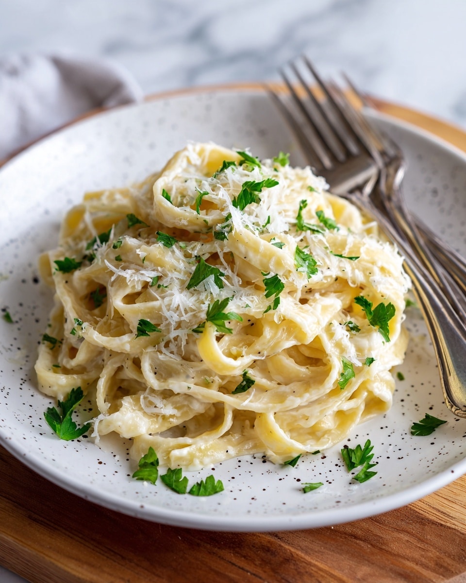 A white speckled plate holds two layers of thick, flat noodles coated in creamy Alfredo sauce, with visible black pepper specks. The pasta is mixed with a layer of finely chopped green parsley on top and generously sprinkled with grated white Parmesan cheese. Two silver forks rest on the bottom right edge of the plate, which is placed on a white marbled surface with a wooden board underneath. Photo taken with an iphone --ar 4:5 --v 7