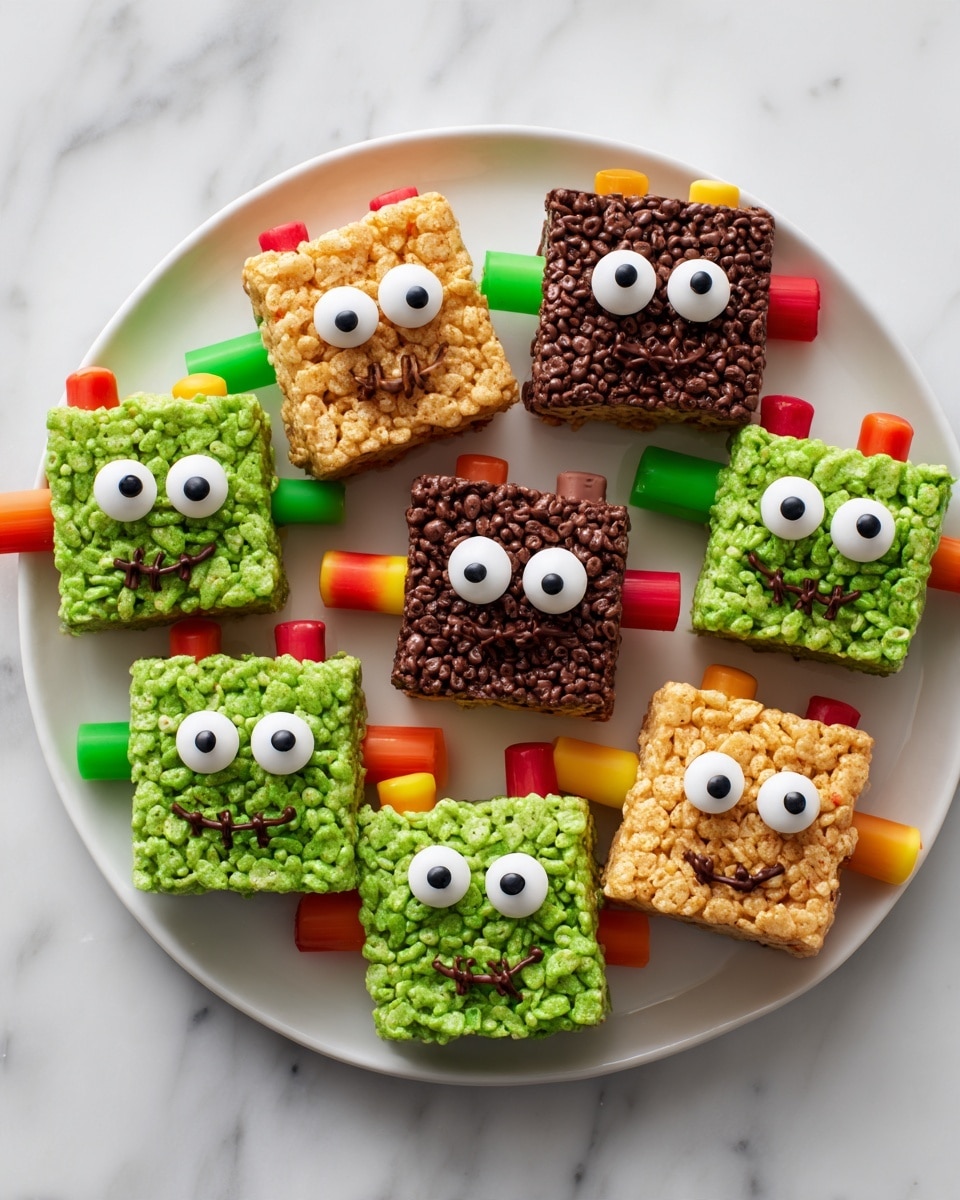 The image shows seven rectangular treats that look like little monsters on a white round plate. Each treat has three main layers: the top part is dark brown and made of small chocolate pieces; the middle part is bright green and textured with many small rice cereal clusters; and the bottom part matches the green layer but is smooth. Each monster has two white candy eyes with black pupils placed in the upper middle. They have a mouth made from small round chocolate pieces arranged in a zigzag near the center. Colorful candy sticks in red, orange, green, and yellow are placed sticking out from both sides of each treat to look like arms. The plate is placed on a white marble surface. photo taken with an iphone --ar 4:5 --v 7