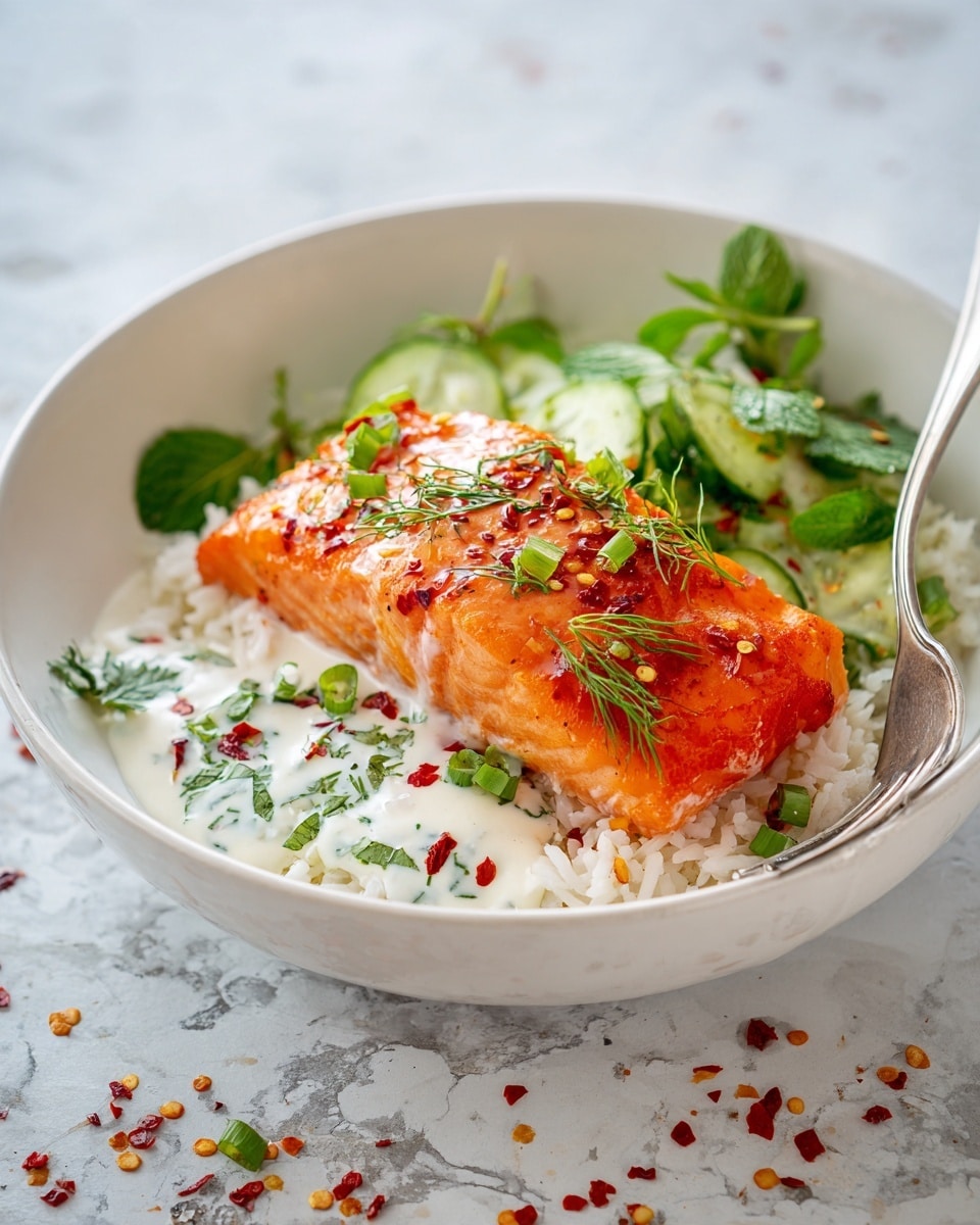 In a white bowl on a white marbled surface, there is a dish with three main layers. The bottom layer is white rice, soft and fluffy. On top of the rice, there are two thick pieces of bright orange-red cooked fish with a crispy texture, sprinkled with red chili flakes and chopped green herbs. Drizzled over the fish and herbs is a creamy pale beige sauce in thin stripes. At the back, there are sliced cucumber pieces with a light green color mixed with more green herbs. A silver fork rests on the rice near the fish. Photo taken with an iphone --ar 4:5 --v 7