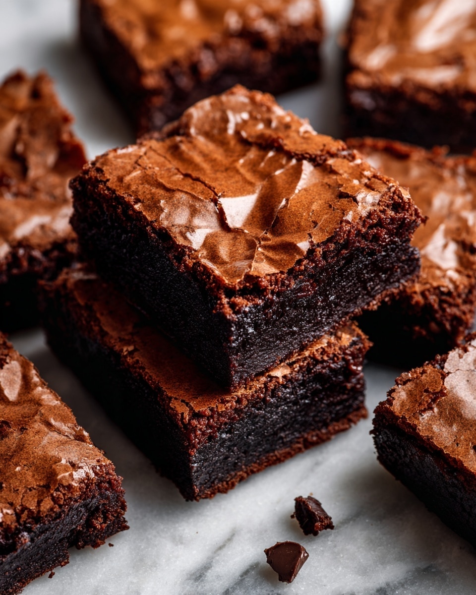 The image shows a group of chocolate brownies cut into squares and arranged closely together on a white marbled surface. Each brownie has one layer with a rich dark brown color and a soft, dense texture inside, topped with a lighter brown, slightly cracked, and shiny crust layer. One square brownie is lifted and positioned in the center on top of another brownie, showing its thick, moist interior. The brownies have some small salt crystals sprinkled on the top crust. Photo taken with an iphone --ar 4:5 --v 7