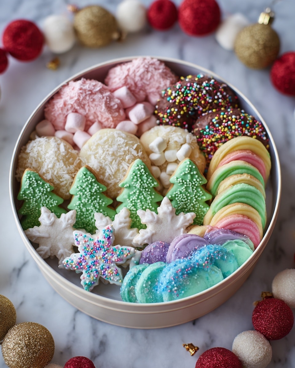 A wooden board sits on a white marbled surface filled with colorful Christmas cookies and treats arranged in layers. On the left are three light brown cookies with chocolate chunks stacked vertically. Next to them are twisted red and white candy sticks placed upright. A large snowman cookie with a white icing face and black dot eyes and buttons, an orange carrot nose, and a dark brown icing hat made of three round chocolates sits beside candies in pastel colors arranged in a white bowl. Around it are green Christmas tree cookies with bright green sugar and multicolor sprinkle-coated tree-shaped cookies. Near the bottom right, there are yellow round cookies and red and green smiling face cookies with white icing details. Various other cookies and treats with colorful sprinkles, pink coconut balls with green icing, and striped marshmallows fill the spaces on the board. Scattered rainbow sprinkles and small Christmas ornaments add to the festive look. Photo taken with an iphone --ar 4:5 --v 7