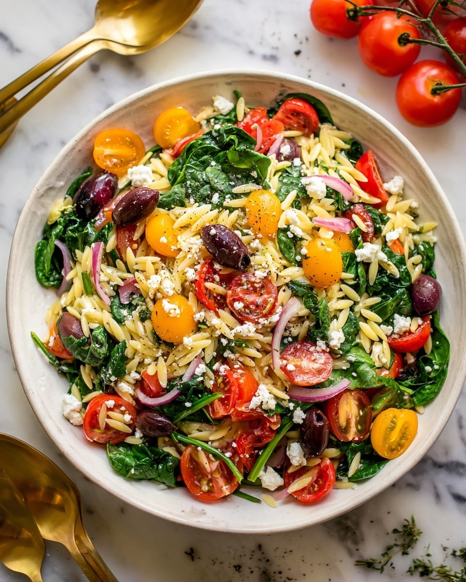 A white bowl filled with a colorful salad consisting of several layers: the bottom layer is green spinach leaves, followed by a layer of small orzo pasta pieces that are light yellow. On top, there are halved red and orange cherry tomatoes, green sliced olives, and dark purple olives scattered evenly. Crumbled white feta cheese is sprinkled all over the salad, with a light dusting of black pepper on top. The bowl is placed on a dark wooden surface with some golden salad spoons blurred in the background. photo taken with an iphone --ar 4:5 --v 7
