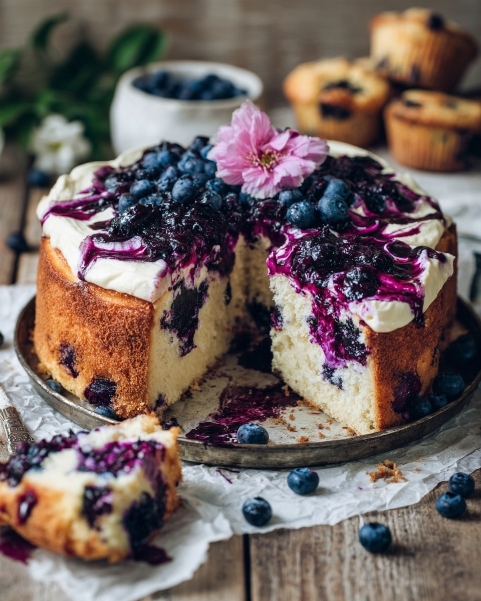 A close-up view shows a box filled with six golden brown muffins wrapped in bright red liners, each with a slightly rough and crumbly top sprinkled with sugar crystals and visible dark purple blueberry spots. One muffin is outside the box resting on a wooden surface next to the box, showing its rounded top and moist texture with burst blueberry filling. Above the box, a bunch of soft white flowers with green stems hangs down, providing a natural, delicate contrast to the warm tones of the muffins and wood. The setting features a white marbled texture as the background. Photo taken with an iphone --ar 4:5 --v 7
