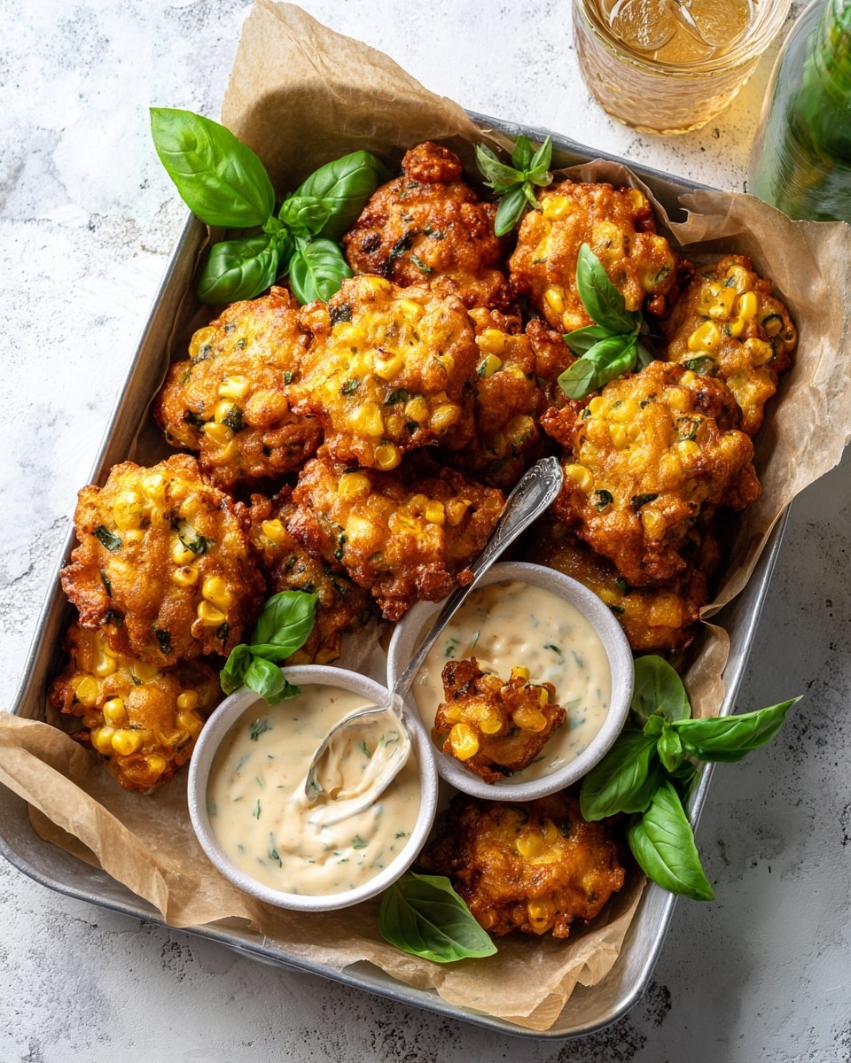 The image shows a white tray lined with brown parchment paper filled with golden-brown fried fritters that have visible yellow corn bits and small green herbs. The fritters have a rough, crispy texture and are irregularly shaped, some stacked and others lying flat. Near the bottom left is a small silver measuring cup filled with a creamy light orange sauce smooth in texture. Pieces of fritters are dipped into the sauce, and a few green herb leaves are scattered on the tray. The scene is set on a white marbled surface. photo taken with an iphone --ar 4:5 --v 7