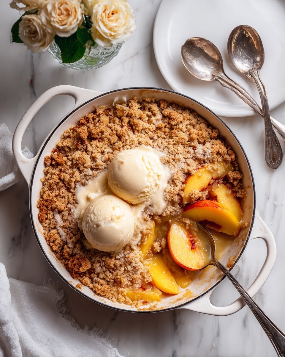 A white cast iron pan holds a warm, golden brown cobbler with a thick, crumbly top layer that has darker cinnamon-like spots baked on. Inside the pan are juicy, orange peach slices visible around the edges where a scoop has been taken out. Three rounded scoops of creamy vanilla ice cream sit in the center of the cobbler, starting to melt and blend slightly with the warm dessert below. A silver spoon rests in the pan near the missing scoop, showing the soft texture underneath the crust. The pan sits on a white marbled surface with warm sunlight casting gentle shadows, next to a clear glass vase holding white flowers. photo taken with an iphone --ar 4:5 --v 7