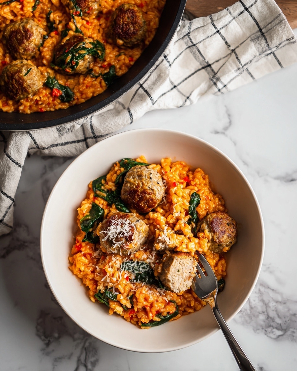 A white bowl filled with a creamy orange rice dish mixed with small green spinach leaves and several light brown meatballs scattered throughout, one meatball is halved showing a soft interior, the rice has a slightly saucy texture with bits of red chili flakes and grated cheese sprinkled on top, a silver fork holds a piece of meatball inside the bowl, in the background a black pot with more of the same dish sits on a white marbled surface next to a brown and white checkered cloth, photo taken with an iphone --ar 4:5 --v 7