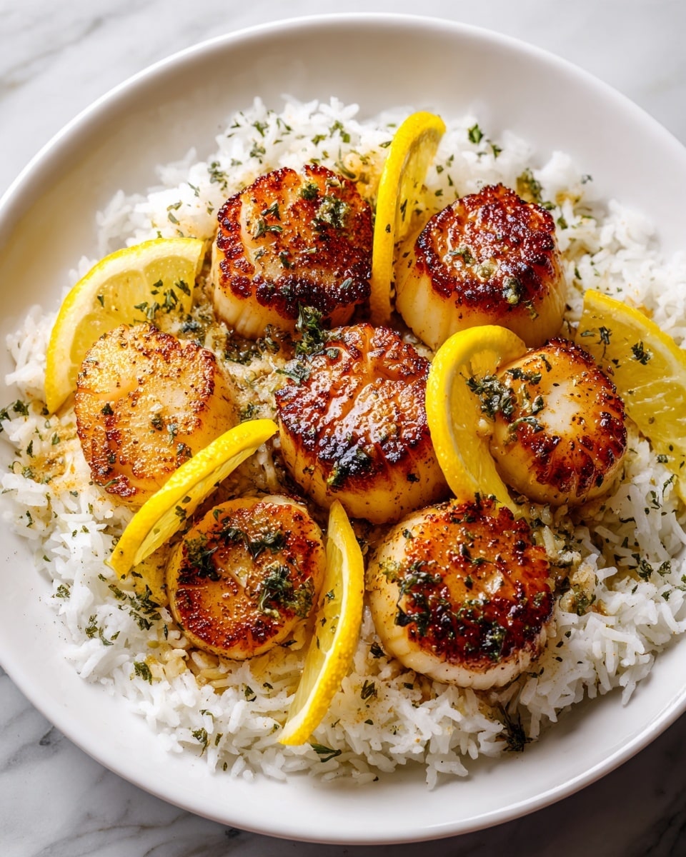 The dish has a base layer of soft white rice spread on a large white plate with a light sauce around it. On top, there are six golden brown seared scallops arranged in two rows, each scallop showing a caramelized crust with a slight gloss and small green herb bits sprinkled over them. Between the scallops are thin pale yellow lemon slices, slightly translucent with seeds visible and small green herb specks on top. The plate sits on a white marbled surface, and the scene is bright with natural light. photo taken with an iphone --ar 4:5 --v 7