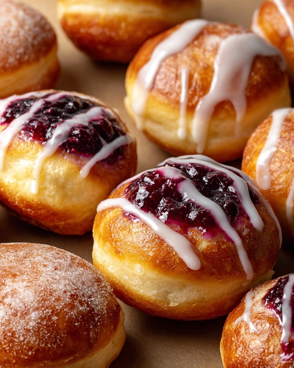 The image shows a group of round pastries arranged closely on a baking sheet. Each pastry has a golden-brown outer layer, with a flaky texture showing many thin layers. The center of some pastries has a dark red and purple berry filling with a glossy look, while others have a creamy white filling. All the pastries are drizzled with light white icing that runs down the sides in thin lines. The background is a white marbled texture. photo taken with an iphone --ar 4:5 --v 7