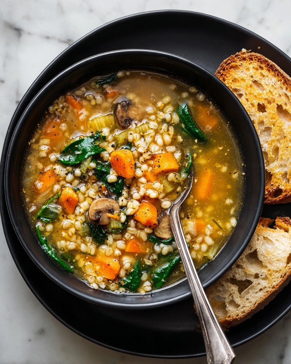 A close-up of a bowl of barley vegetable soup shows several layers: the base is a clear broth with small pieces of carrots and celery, mixed with chopped yellow vegetables and green leaves. Floating on top are slices of cooked brown mushrooms and bright green parsley leaves. The soup bowl is black, placed on a matching black plate. Next to the bowl on the black plate, two pieces of golden brown crusty bread rest. The background has a white marbled texture. A silver spoon is resting inside the bowl, with the handle extending out to the right side. photo taken with an iphone --ar 4:5 --v 7