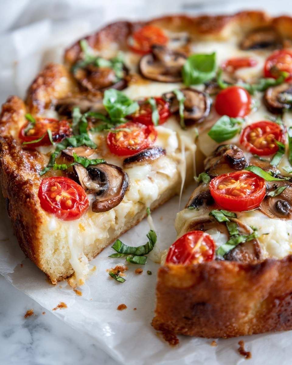 A close-up view of a pizza slice being lifted, showing three main layers: the thick crust at the bottom with a golden brown color and airy texture, a middle layer of melted light yellow cheese and orange tomato sauce slightly visible, topped with sliced red cherry tomatoes, brown mushrooms, and green basil leaves scattered evenly across the top. The pizza is on white parchment paper placed on a wooden surface, with part of the pizza pie in the background. The background is a soft, light bluish tone with a blurred effect. Photo taken with an iphone --ar 4:5 --v 7