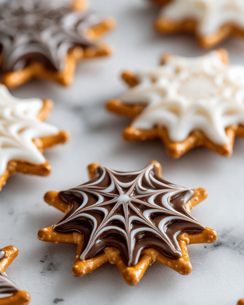 The image shows small spider web shapes made from light brown pretzel sticks arranged in a hexagon with six sticks meeting in the middle. On top of each pretzel web, there is a layer of either thick white or dark brown chocolate piped in spirals following the web shape, creating a textured effect. The pretzel sticks peek out between the chocolate lines. These spider web treats are placed on a white marbled surface in soft light, with the main focus on one dark brown chocolate web in the foreground and one white chocolate web behind it. Photo taken with an iphone --ar 4:5 --v 7