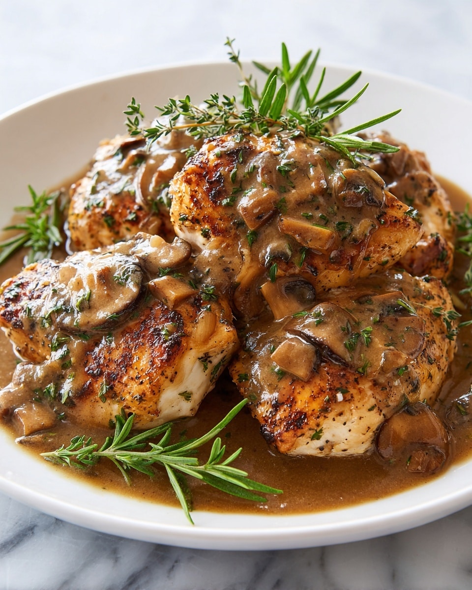 A white plate holds five pieces of browned meat, each covered with thick, smooth brown sauce speckled with small green herbs. The meat pieces are stacked closely, showing a crispy texture on the edges. Fresh green herb sprigs lie around and under the meat, with some resting on top of the sauce. The plate is set on a white marbled surface. photo taken with an iphone --ar 4:5 --v 7