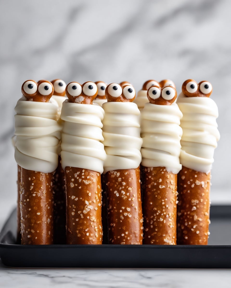 The image shows a group of pretzel sticks decorated to look like mummies. Each pretzel stick is partially covered with smooth white coating that looks like melted white chocolate, leaving the bottom part of the pretzel exposed with visible salt crystals. Over the white coating, thin wavy lines of the same white coating are drizzled to create a wrapped mummy effect. Small round candy eyes with white and black parts are placed near the top of each pretzel, giving them a playful and spooky look. The pretzels are arranged side by side on a smooth black serving tray, with a white marbled surface underneath. photo taken with an iphone --ar 4:5 --v 7