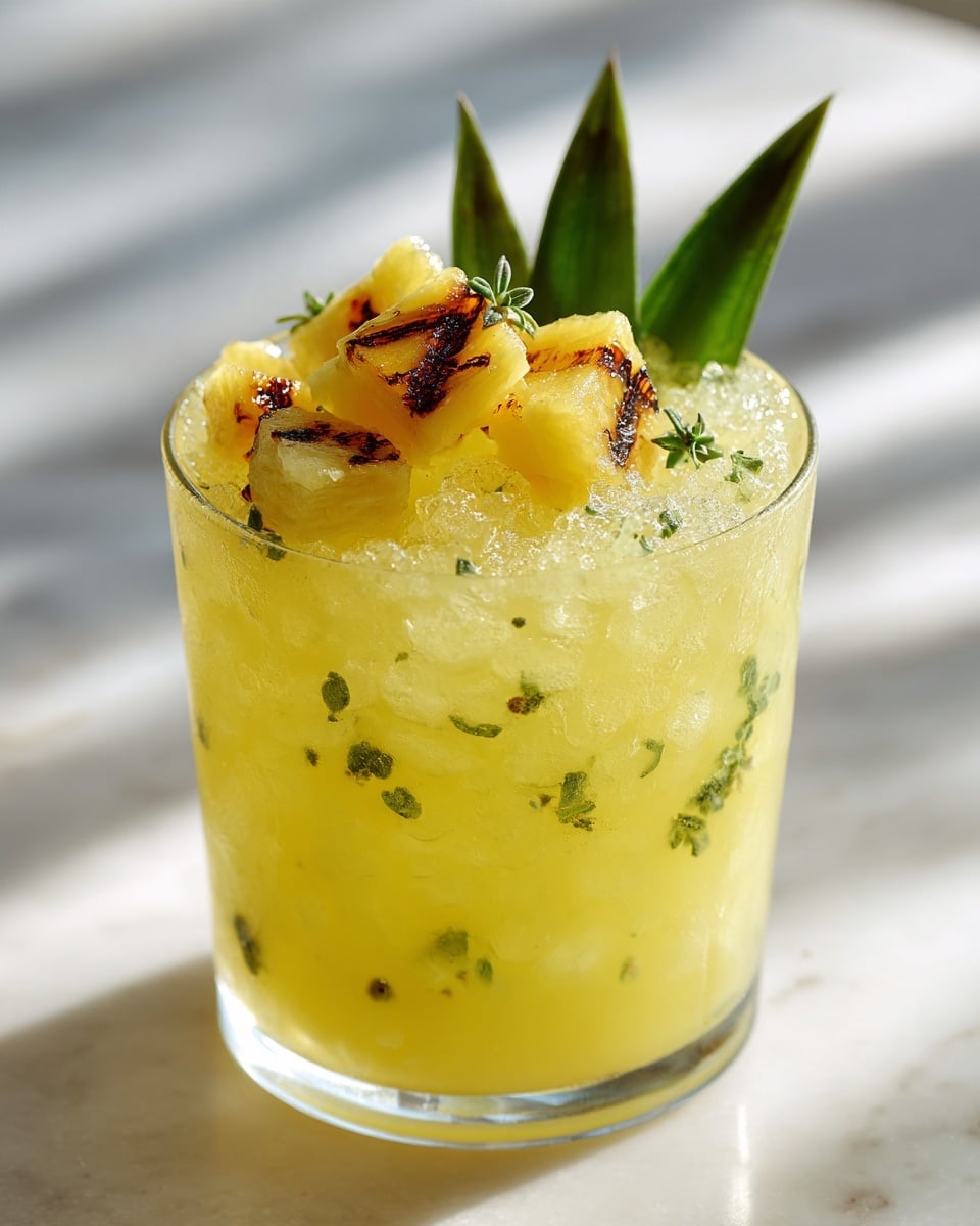 A clear short glass filled with crushed ice and orange-yellow juice sits on a white marbled surface. The drink has small bright green mint leaves mixed inside, with a generous topping of flame-roasted yellow pineapple chunks, some with a light charred texture. A few fresh, pointed green leaves stand upright behind the pineapple on top. Warm natural light shines through a blurred background, highlighting the drink’s fresh and vibrant colors. photo taken with an iphone --ar 4:5 --v 7