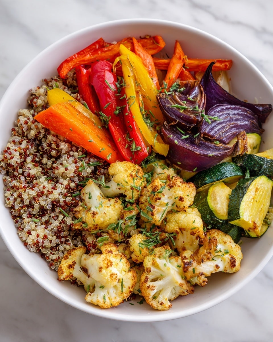 A bowl filled with a colorful mix of cooked quinoa and roasted vegetables, including bright orange carrot slices, pieces of yellow and red bell peppers, charred purple onion wedges, green zucchini chunks, and small cauliflower florets. These vegetables rest on a bed of fluffy, pale yellow quinoa, all sprinkled with chopped green herbs for a fresh look. The bowl is white with a brown rim and is placed on a white marbled surface. photo taken with an iphone --ar 4:5 --v 7