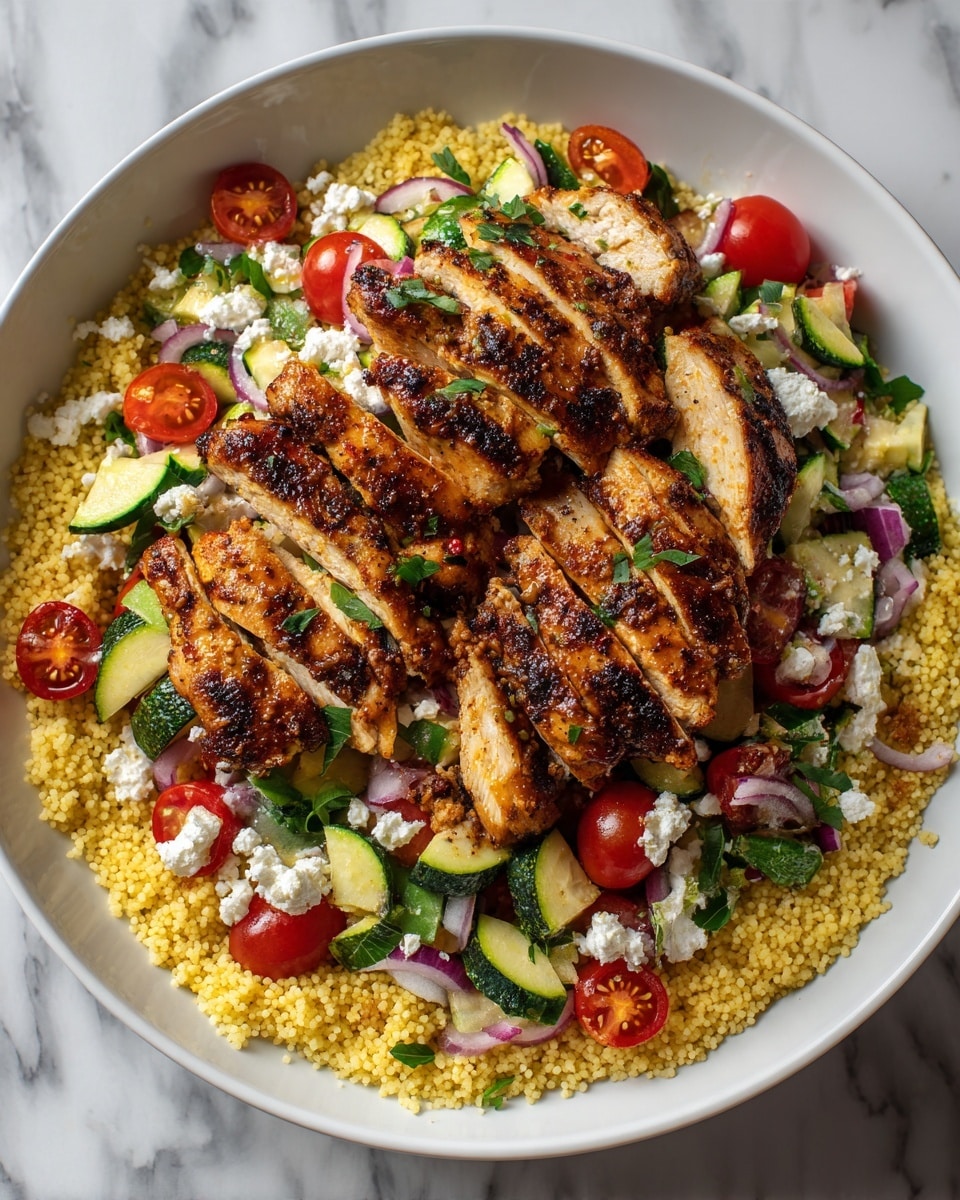 A white bowl holds a layered dish starting with a base of small yellow couscous grains covering the bottom. On top of this, there is a mix of chopped vegetables including green zucchini cubes, halved red cherry tomatoes, and thin slices of purple onion, all scattered with fresh green herbs and white crumbles of feta cheese. The main layer is grilled chicken slices with a golden brown and slightly charred crust, arranged in a row across the center of the bowl. The colorful combination contrasts well with the white bowl and the white marbled surface underneath. photo taken with an iphone --ar 4:5 --v 7