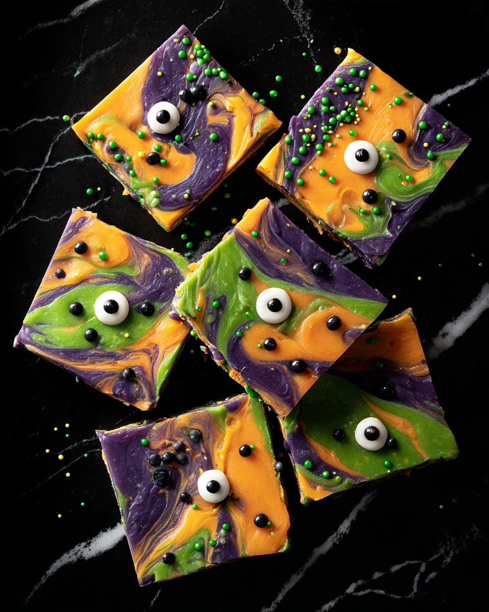 The image shows eight square pieces of colorful bark candy on a black white marbled surface. Each piece has a marbled layer of orange, green, and dark blue colors with a smooth, slightly shiny texture. Scattered on top are small green rod-shaped sprinkles and tiny black round sprinkles evenly spread across the surface, creating a playful pattern. Each piece is decorated with two or three white candy eyes with black pupils, giving them a fun, spooky look. The pieces are irregularly cut and placed randomly close together. Photo taken with an iphone --ar 4:5 --v 7
