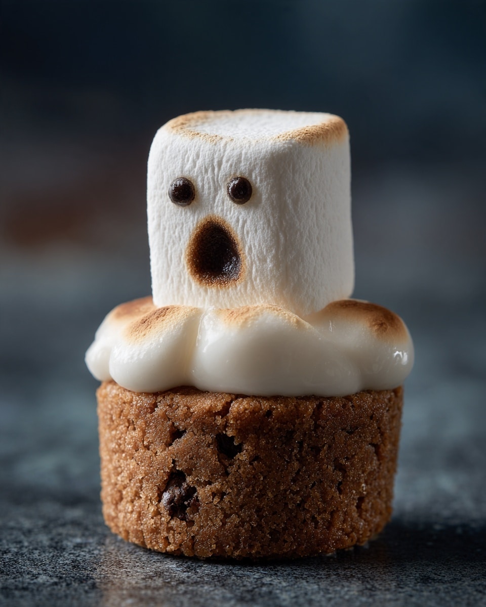 Two chocolate chip cookies each have a layer of white melted marshmallow shaped like a small puddle on top of them. On each marshmallow layer, there is a large white marshmallow standing upright with two small black dots for eyes and a small black circle for a mouth, making a ghost face. The cookies and marshmallows are on a dark surface with a white marbled texture in the background. The focus is close-up, showing the soft textures of the cookies and marshmallows clearly. Photo taken with an iphone --ar 4:5 --v 7