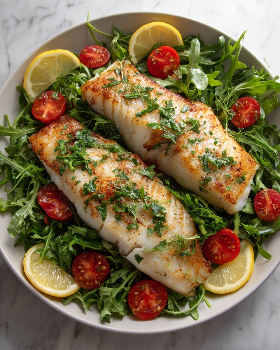 Two large, white grilled fish fillets with light golden brown sear marks and small green herb sprinkles sit side by side on a bed of bright green leafy greens and parsley. Around the fish are bright red cherry tomatoes and thin yellow lemon slices nestled among the greens. All of this is arranged inside a white oval plate, placed on a white marbled textured surface. photo taken with an iphone --ar 4:5 --v 7
