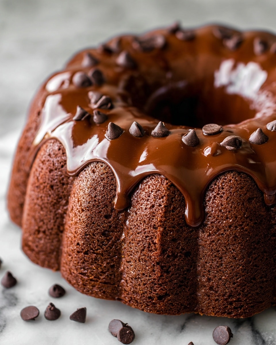 A chocolate bundt cake with a smooth brown texture and defined ridges forms the base layer. On top, there is a thick swirl of shiny dark chocolate frosting, evenly covering the upper part of the cake, with small round chocolate chips placed on the frosting in a regular pattern. Few extra chocolate chips are scattered around the white marbled surface underneath the cake. The photo taken with an iphone --ar 4:5 --v 7