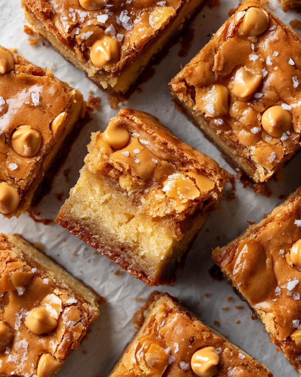 Several square blondie bars with a light golden brown top layer showing a crinkly, soft texture sit on white parchment. Each blondie has a middle to bottom layer of denser, darker brown dough. Scattered throughout the bars and on top are creamy tan-colored butterscotch chips, some lightly melted. Thin flakes of sea salt are sprinkled over the surface, adding extra texture and shine. The bars are placed closely together on a white marbled surface photo taken with an iphone --ar 4:5 --v 7