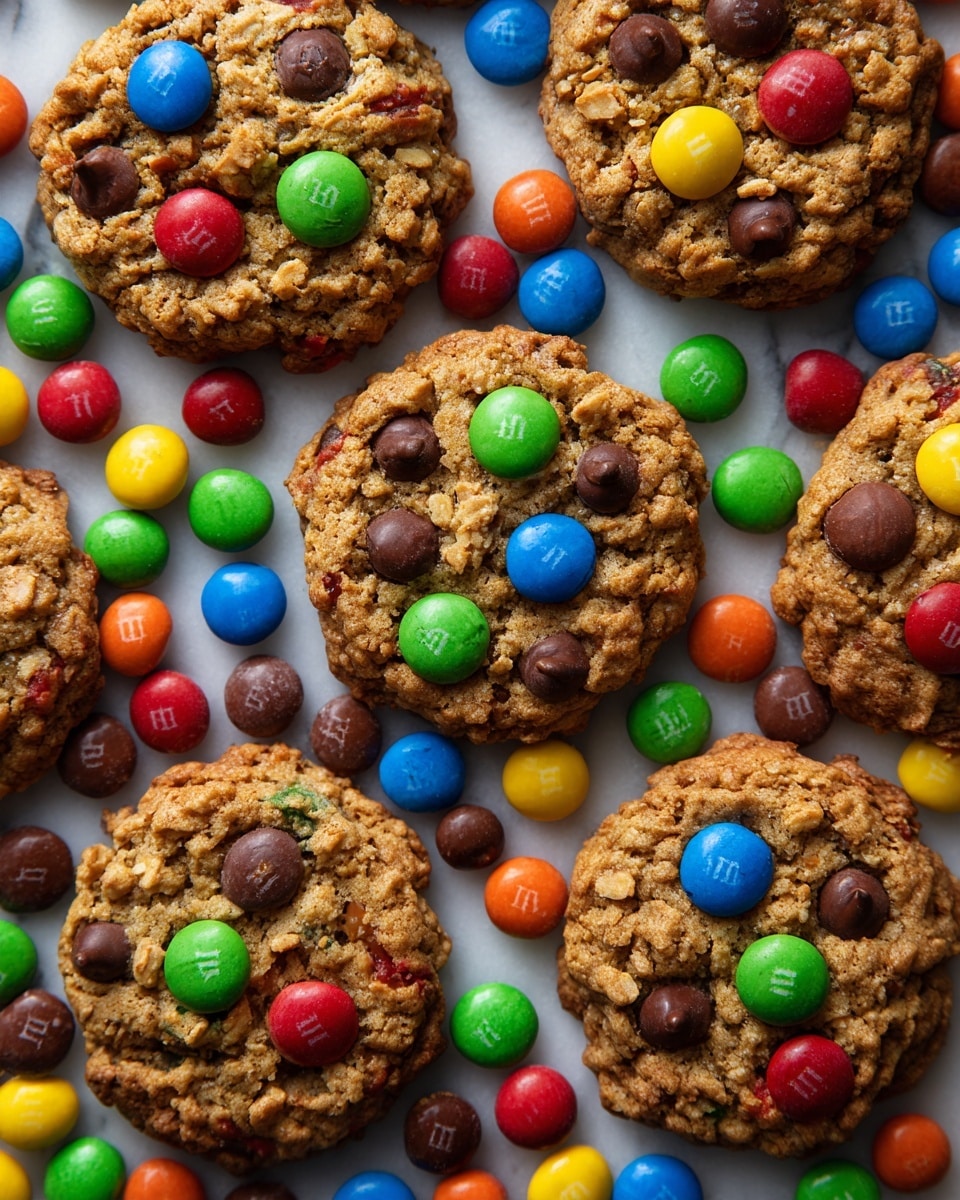 The image shows a close-up of several round cookies, each with a light brown, rough texture, embedded with colorful candy-coated chocolates and scattered chocolate chips. The cookies rest on a layer filled with loose, shiny candy-coated chocolates in bright colors like red, green, yellow, blue, orange, and brown, creating a vibrant base. Each cookie features visible sections of smooth chocolate chips and bright candy pieces that contrast with the crumbly cookie dough. The background is a white marbled surface. photo taken with an iphone --ar 4:5 --v 7