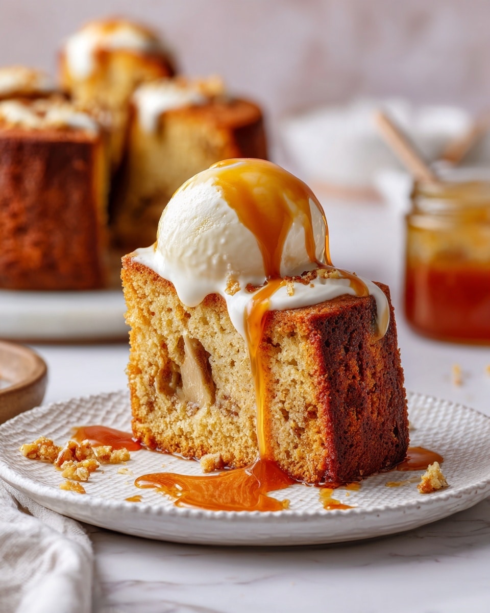 A close-up of a thick slice of golden brown cake with visible swirls of cinnamon inside, standing upright on a white textured plate, topped with a round scoop of creamy white vanilla ice cream that slowly melts down the sides. A shiny amber sauce is poured over the cake and ice cream, dripping down and pooling on the plate. In the blurry background, two more cake slices and a small glass jar with the same amber sauce sit on a wooden surface with a white marbled texture behind. photo taken with an iphone --ar 4:5 --v 7