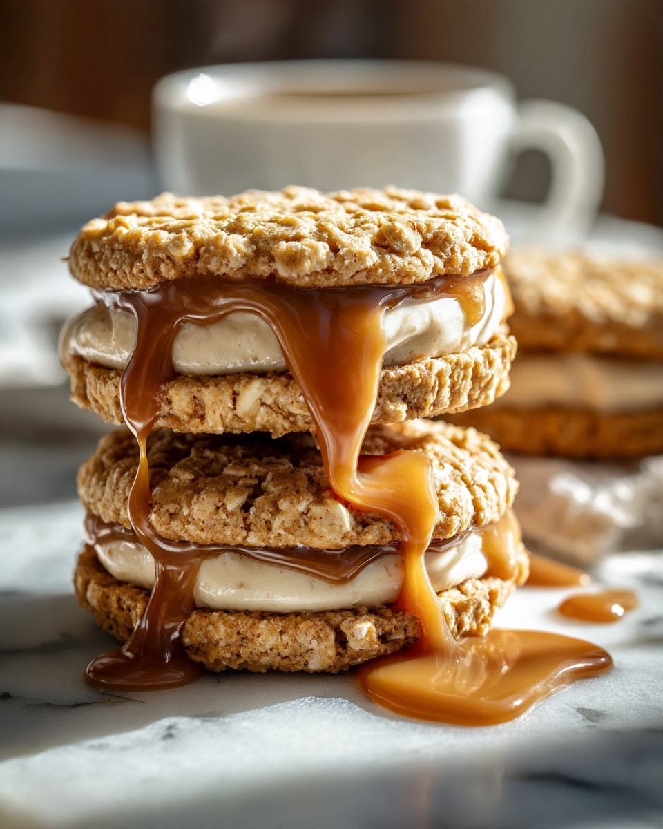 The image shows a close-up of several stacked oatmeal cookie sandwiches on a white marbled surface. Each sandwich has two golden-brown oatmeal cookies with a soft texture and visible oats. Between the cookies, there is a thick layer of creamy off-white filling that looks smooth and rich. From one of the cookie sandwiches, a sticky amber-colored caramel sauce slowly drips down, adding a shiny, gooey detail. In the background, slightly out of focus, there is a white cup that adds to the cozy atmosphere. photo taken with an iphone --ar 4:5 --v 7