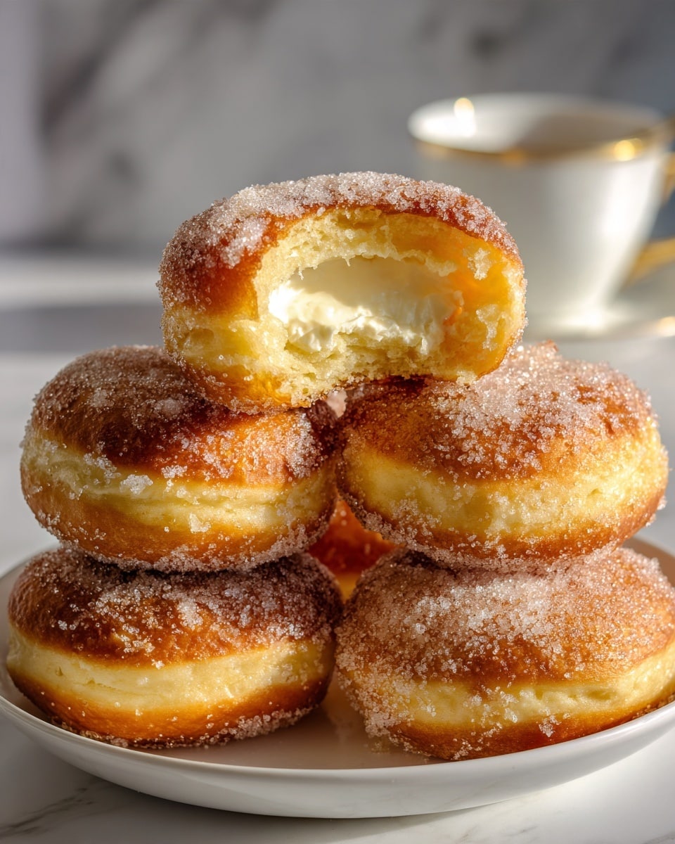 A close-up view of a pile of round, golden-brown doughnuts covered in a layer of coarse sugar crystals. One doughnut in the center is broken open, revealing a soft, light yellow inside with a creamy white filling in the middle. The doughnuts rest on a white plate placed on a white marbled surface. In the blurred background, there is a white teacup and saucer, with a warm light casting soft shadows around the scene. photo taken with an iphone --ar 4:5 --v 7