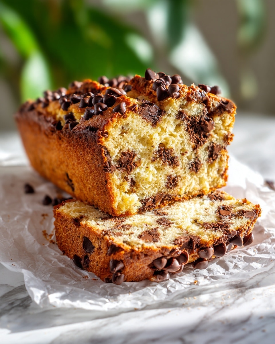 A close-up view of a two-layer banana bread loaf on white parchment paper with a white marbled background. The top layer is dark brown with melting chocolate chips scattered all over. The inside shows two textured layers of moist light brown bread full of dark melted chocolate chunks throughout. The bottom layer slice is lying flat, displaying the same moist texture with thick chocolate chips embedded in it. Photo taken with an iphone --ar 4:5 --v 7