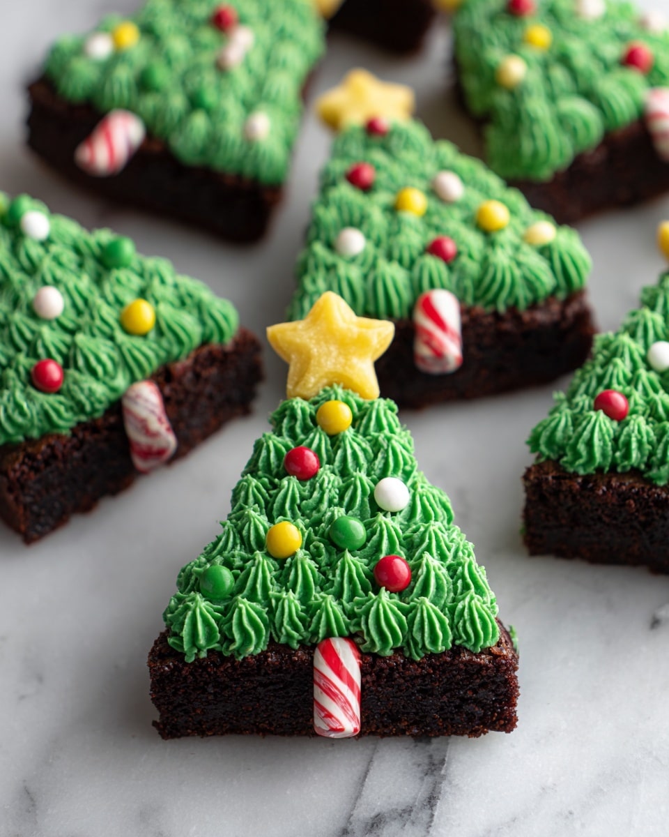 The image shows multiple triangular dark brown brownies shaped like Christmas trees on a white marbled surface. Each brownie has two main layers: a dense, textured dark chocolate brownie base and a bright green, smooth frosting layer applied in horizontal zigzag lines resembling tree branches. The green frosting is decorated with small round candies in red, yellow, blue, and orange, along with tiny edible sprinkles. A yellow star-shaped candy tops each brownie tree, and the base of each brownie tree has a red and white striped candy made to look like a tree trunk. Some brownies also have powdered sugar sprinkled lightly on top. Photo taken with an iphone --ar 4:5 --v 7