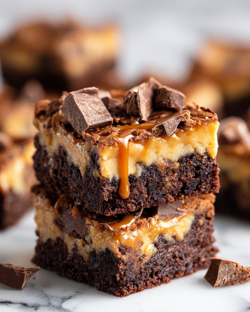 The image shows a stack of four square dessert bars with three visible layers each. The bottom layer is dark brown and dense with a textured crumb, the middle layer is a lighter caramel brown and smooth, while the top layer is crumbly and golden brown with chunks of dark chocolate and a drizzle of caramel sauce. The bars have rough edges and the background is blurred with more bars spread out on a white marbled surface. photo taken with an iphone --ar 4:5 --v 7