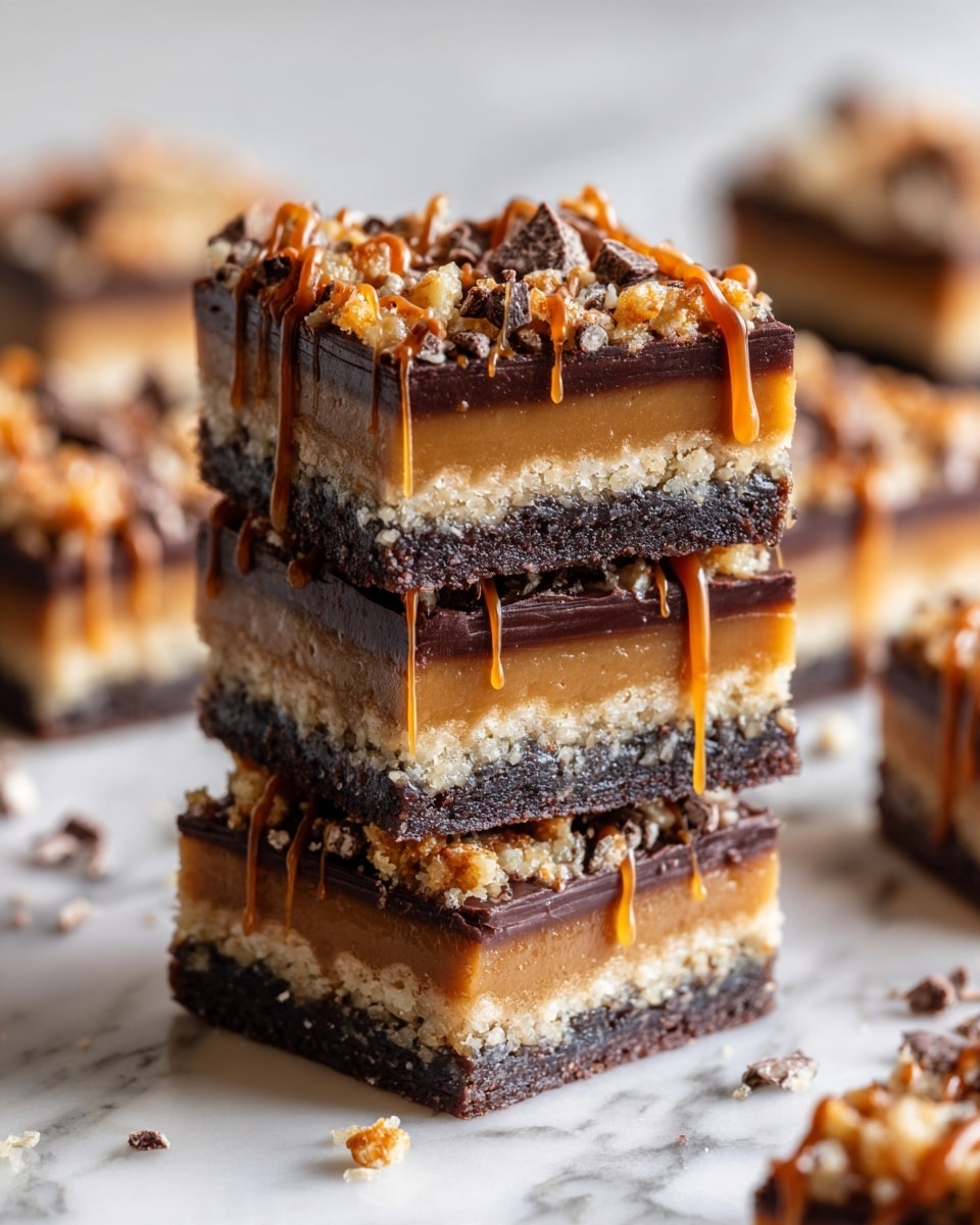 The image shows a stack of three square bars arranged vertically. Each bar has three visible layers: the bottom layer is dark brown and dense like a brownie; the middle layer is lighter brown and smooth, resembling caramel; the top layer is crumbly with a topping of large dark chocolate chunks and drizzles of caramel sauce. The bars are surrounded by similar pieces scattered in the background, sitting on a white marbled surface. The colors in the bars contrast well, with rich browns and golden caramel highlights. Photo taken with an iphone --ar 4:5 --v 7
