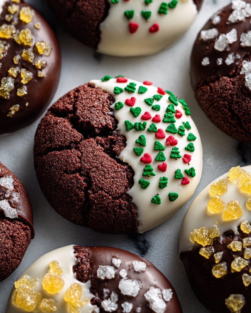 A close-up of round chocolate crinkle cookies on crinkled parchment paper over a white marbled surface. Each cookie is cracked on top with a dry, slightly rough texture. Half of each cookie is dipped in dark brown chocolate or creamy white chocolate, creating a smooth shining layer. Some cookies have colorful sprinkles in white, red, and green shapes like hearts and trees over the white chocolate half. Others have ginger pieces on the dark chocolate half, with a light dusting of sugar crystals on all cookies. The cookies are spread closely with uneven edges. Photo taken with an iphone --ar 4:5 --v 7