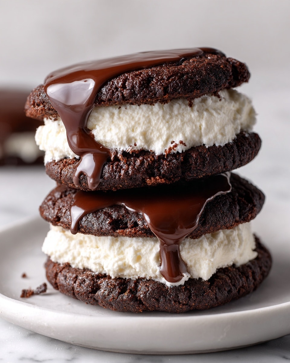 The image shows two chocolate cookie sandwiches stacked on a white plate with a white marbled surface underneath. Each sandwich has three layers: a dark brown, rough-textured chocolate cookie forming the top and bottom, and a thick, creamy white marshmallow center in the middle. The marshmallow filling is partly covered with melted, smooth dark chocolate that drips slightly over the edges. The cookies look soft and chewy with a slightly cracked surface. The lighting highlights the glossy texture of the melted chocolate and the fluffy smoothness of the marshmallow photo taken with an iphone --ar 4:5 --v 7