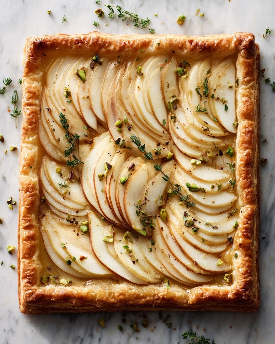 A rectangular puff pastry tart with golden brown edges that are slightly raised and flaky, topped with thin slices of pear arranged in overlapping layers covering the whole surface; the pears have light beige flesh with a reddish-brown skin creating a soft pattern, scattered with bright green pistachio nuts and small fresh green thyme leaves, all on a base of a slightly glossy and lightly caramelized spread visible between the slices. The tart is placed on white parchment paper over a white marbled surface, with small bowls of sauce and cracked black pepper partially visible near the edges. Photo taken with an iphone --ar 4:5 --v 7