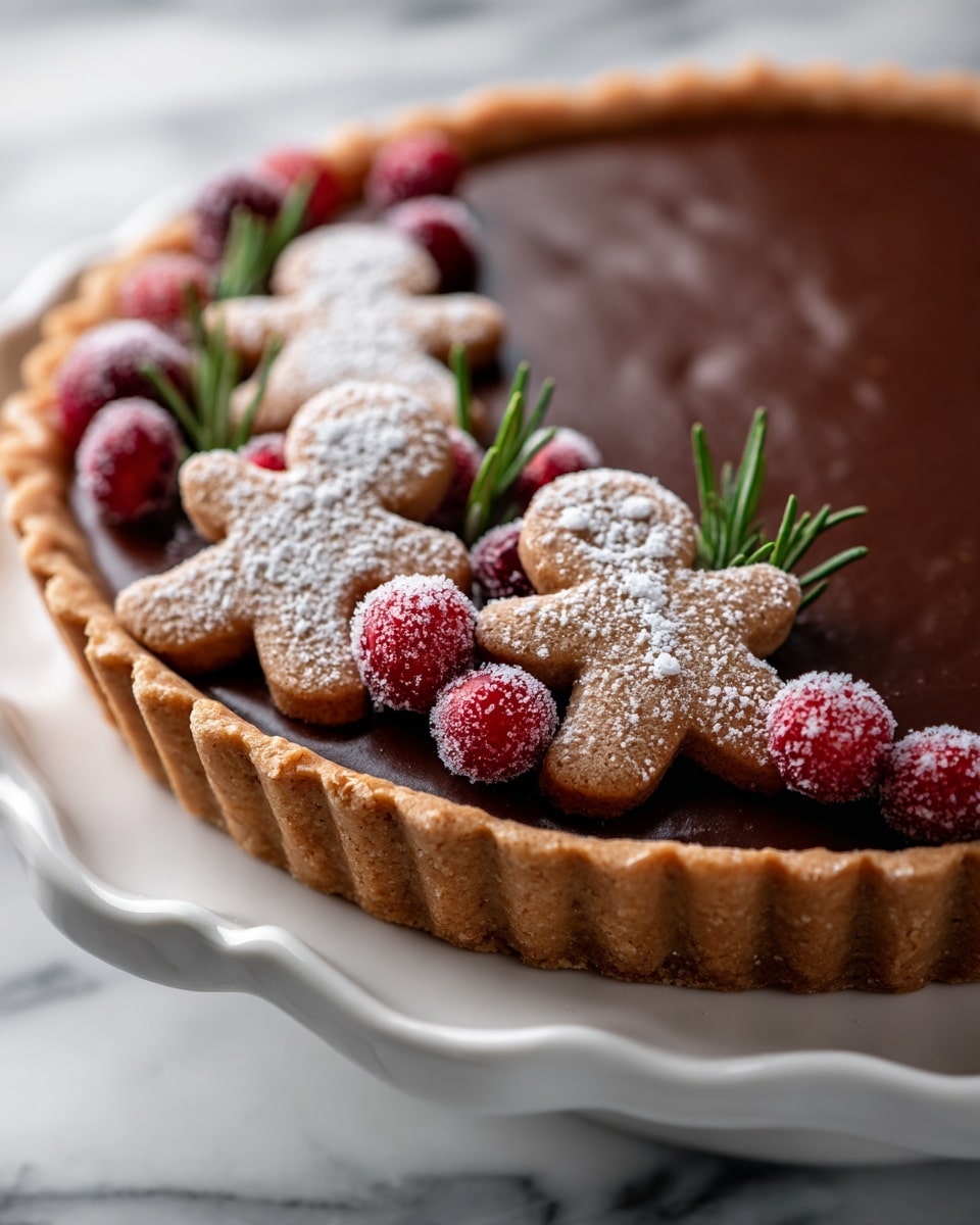 A round tart with a golden brown crust holds a smooth, dark chocolate filling that covers most of the top. Around one edge of the tart, there are three large gingerbread cookies dusted with light powdered sugar, surrounded by smaller gingerbread shapes also sprinkled with powdered sugar. Bright red sugared cranberries and green rosemary sprigs fill the spaces between the cookies, creating a festive border on the chocolate. The tart sits on a white plate, placed on a white marbled surface. photo taken with an iphone --ar 4:5 --v 7